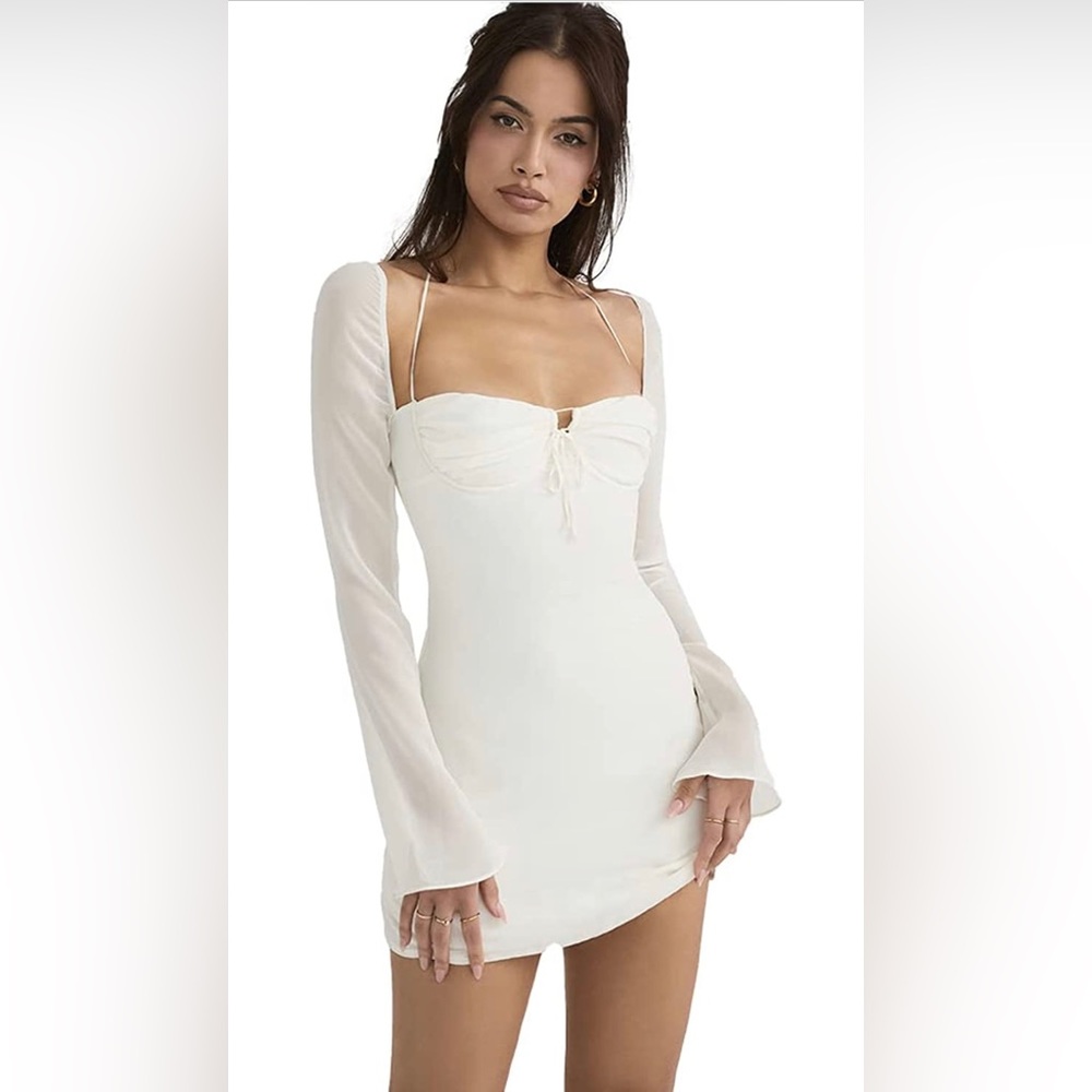 XLLAIS Women's Long Puff Sleeve Mini Bodycon Mesh Dress Bridal NEW Women M White
